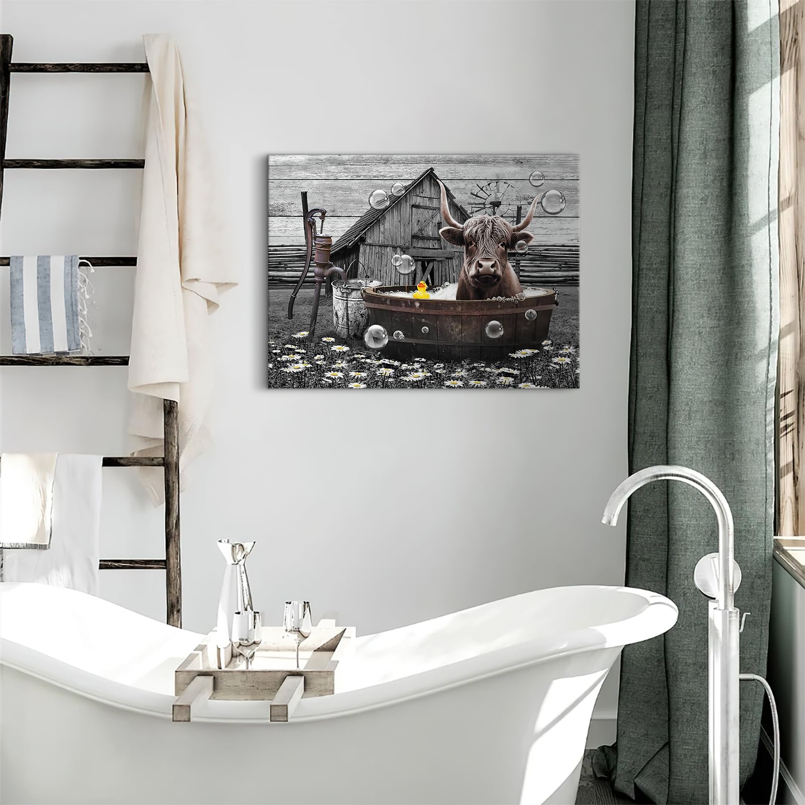 Farmhouse Bathroom Decor Wall Art Cute Highland Cow In Bathtub Pictures Wall Decor Rustic Bathroom Cow Painting For Bathroom Toi